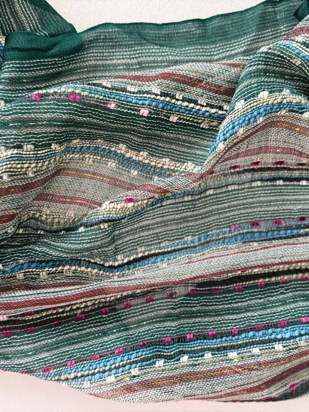 Boho Textured Infinity Scarf Green Multi Stripe Woven Lightweight Artisan Style